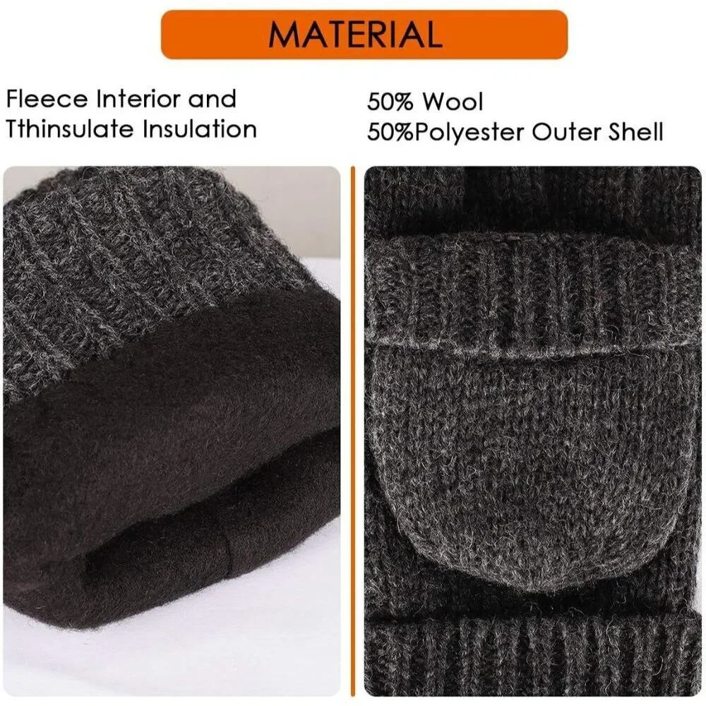 Women's Grey Winter Warm Thermal Insulation Fingerless Texting Wool Gloves